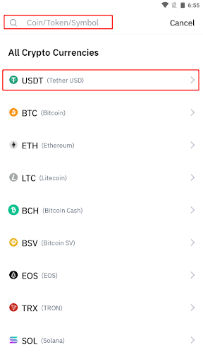 توکن موردنظر، مانند USDT را انتخاب نمایید