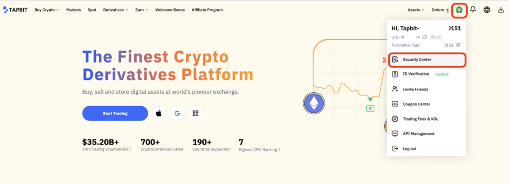 برداشت: نکته مهم: برای حفظ امنیت حساب خود، لطفاً پیش از اولین برداشت، تنظیمات PIN و Google Authentication (2FA) را تکمیل نمایید. سپس در گوشه بالای سمت راست وب‌سایت Tapbit، در بخش دارایی‌ها (Assets)، از منوی کشویی گزینه Withdrawal را انتخاب کنید.