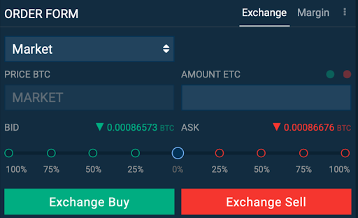 اطمینان حاصل کنید که گزینه Exchange را در گوشه بالا سمت چپ فرم سفارش انتخاب نمایید.