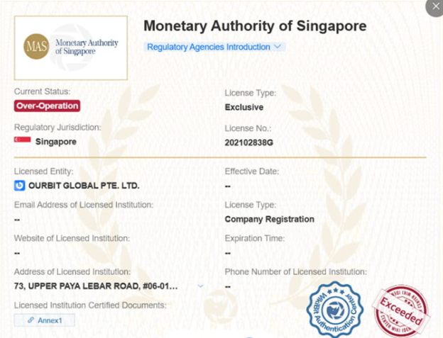 مجوز صرافی اوربیت در سنگاپور