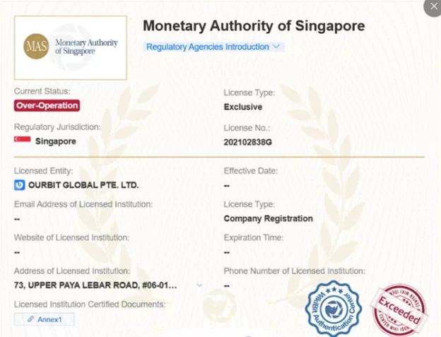 مجوز صرافی اوربیت در سنگاپور