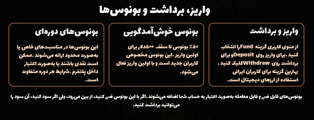 واریز، برداشت و بونوس‌ها