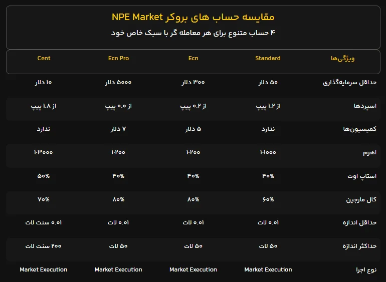 انواع حساب‌های بروکر NPE