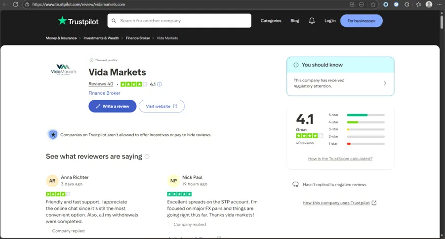 بررسی بروکر vida markets در سایت trustpiolet