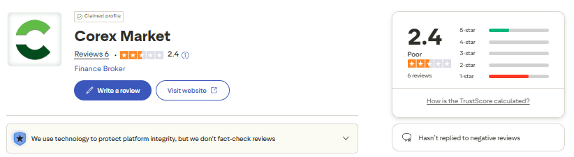 امتیاز بروکر Corex Market در Trustpilot