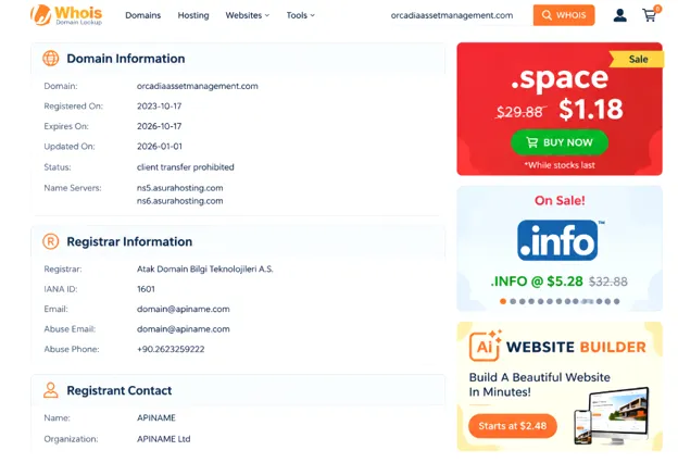 بررسی وضعیت دامنه و تاریخ شروع فعالیتOrcadia Asset Management