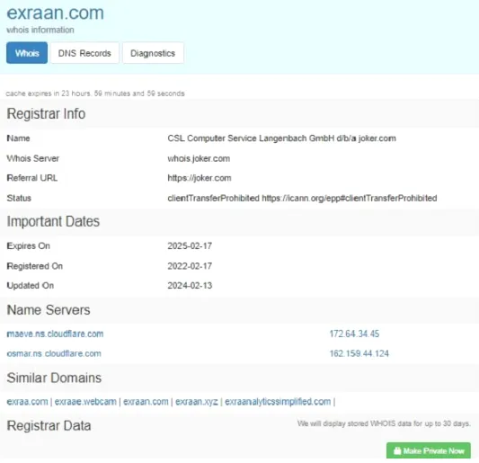 اطلاعات دامنه صرافی Exraanدر سایت who is