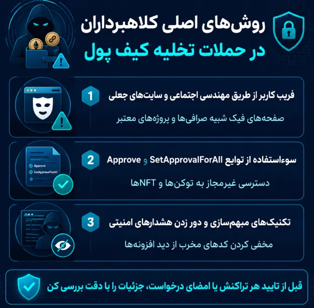 اینفوگرافیک روشهای اصلی کلاهبرداران در حملات تخلیه کیف پول