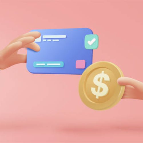 3D coin exchange via credit card on pink pastel background. holding money in business hand concept. finance investment and online payment. 3d money exchange icon vector render illustration